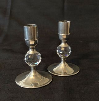 Vintage Valerio Albarello Pair Candle Sticks Silver Plate Crystal Ball 4 " Tapers