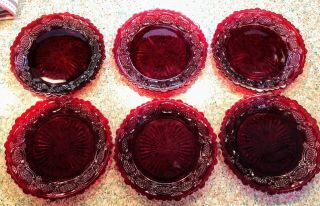 6 Avon Cape Cod Ruby Red Glass Salad Plates 7 1/2 Inches