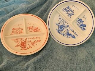 Vintage Little Bo Peep Children’s Divided Dishes Vitrock,  Hocking (1 Red/1 Blue)