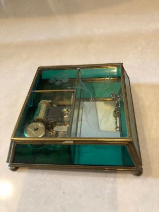 Vintage Via Vermont Ice Blue Stained Glass & Brass Music Box Plays " Edelweiss "