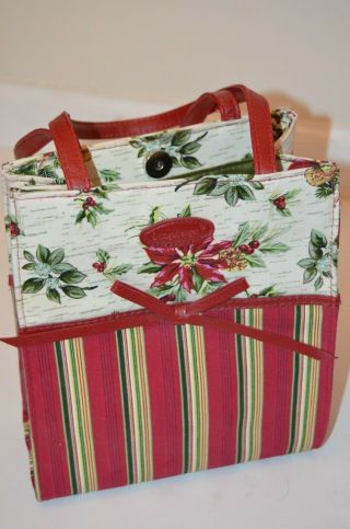 Longaberger Homestead Canvas Lunch Tote Gift Bag Magnetic Close Stripe Christmas