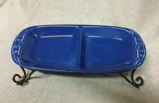 Longaberger Pottery Blue Divided Dish & Wrought Iron Pedestal Stand