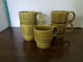 Set Of 5 Vintage Retro Stackable Green Ceramic Coffee Mugs Cups Made In Japan