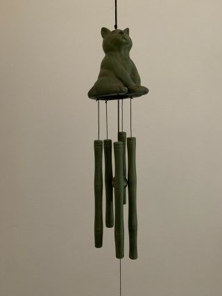 Green Clay Cat,  Bamboo Fish Windchime Adorable No Breaks Or Chips Sound