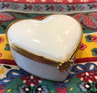 White Gold Trim Porcelain Heart Hinged Trinket Box Limoges France