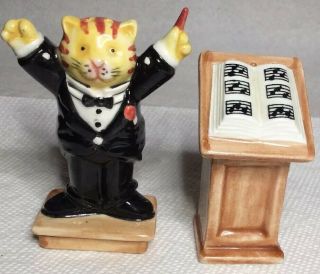 Vintage Music Conductor Anthropomorphic Kitty Cat Ceramic Salt & Pepper Shakers