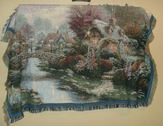 Thomas Kinkade Large 41 " X66 " Tapestry Throw Blanket Fringed Trim Houses Stream
