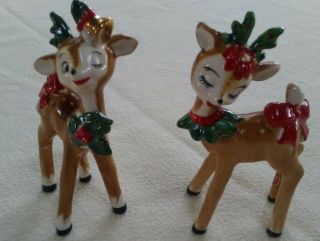 Vintage Pair Lefton Ceramic China Christmas Reindeer 4 " Tall Winking 198