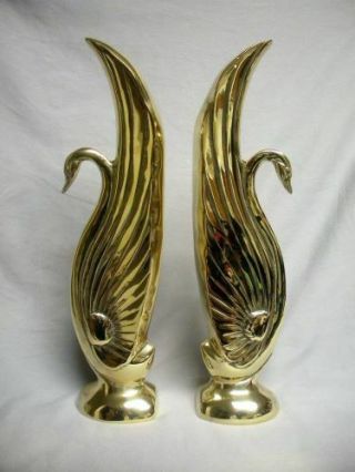 Pair 15” Tall Cast Brass Swan Figurine Book Ends Art Deco Hollywood Regency Set