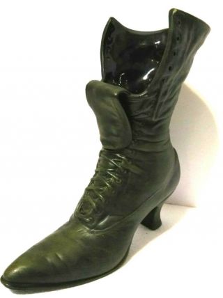 Large Vase Ladies Victorian Lace Up Dark Green Boot 9.  5 " Tall Ceramic