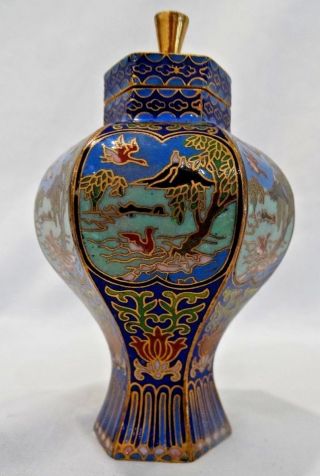 Vintage Chinese Cloisonne Polygon Ginger Jar Featuring Geese With Lid