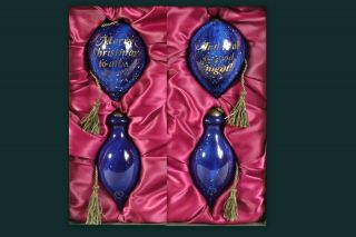 Neqwa Art Hand Painted Blue Glass Ornaments 4 Pc Gift Set/box