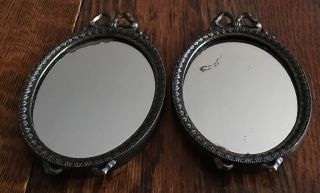 Vtg 2 Small Ornate Oval Brass Framed Mirrors With Hooks Sticker Italy Pre - Owned