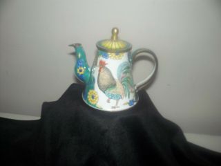 2000 Kelvin Chen Mini Enameled Hand Painted Teapot - - Rooster And Hen