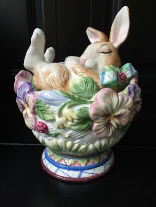 Fitz And Floyd Bunny Rabbit Sleeping In A Bowl Of Flowers Ceramic Container