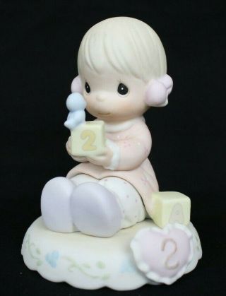 Precious Moments " Growing In Grace,  Age 2 " Girl W/ Letter Block Cube And Bird