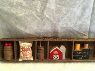 Wooden Ruler Shadow Box With 5 Wooden Miniature Items.  Barrel Of Apples,
