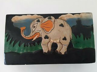 Vintage Wooden Hand Carved Elephant Scene Black Jewelry/ Trinket Hinged Box