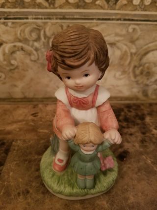 Homco Porcelain Little Girl In Pink Dress Holding Doll Figurine 1440