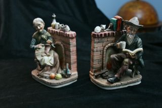 Ceramic Old Man On Old Woman Bookends,  Fireplace,  Reading & Knitting,  Detailed