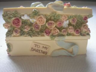 Vintage Dezine Hand Painted Bisque Porcelain Floral Roses Trinket Box 3 1/2 "