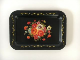 Set Of 4 Metal Snack/appetizer Plates/small Trays,  Vintage,  Floral On Black