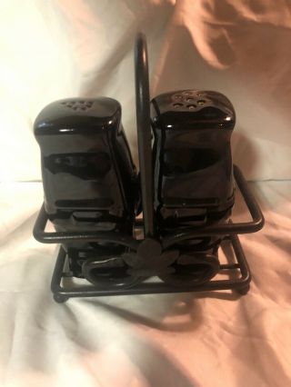 Longaberger Pottery Black Salt And Pepper Shakers W/ Wrought Iron Stand