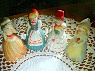 Set Of Four Vintage Bisque International Girl Bells In Costume From Taiwan