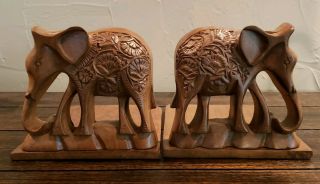 Set Of 2 Wooden,  Folding Carved Elephant Bookends