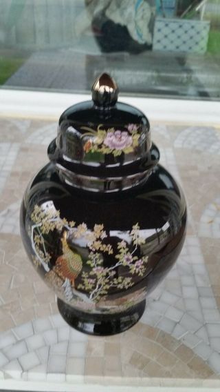 Vintage Asahi Art Black Urn Ginger Jar With Lid Decorative Ceramic Made In Japan