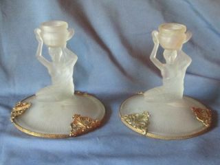 Pair Vintage Gilt Metal Frosted Glass Nude Female Candlesticks Candle Sticks
