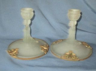 Pair Vintage Gilt Metal Frosted Glass Nude Female Candlesticks Candle Sticks 2
