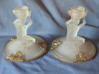 Pair Vintage Gilt Metal Frosted Glass Nude Female Candlesticks Candle Sticks 3