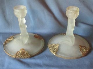 Pair Vintage Gilt Metal Frosted Glass Nude Female Candlesticks Candle Sticks 4