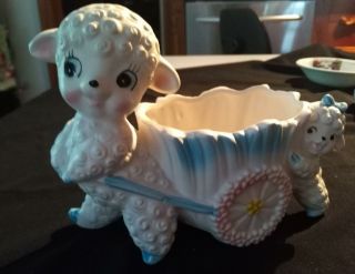 Vintage Baby Planter 2 Curly Lambs W/big Eyes Pushing Flower Cart E2974