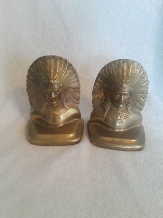Vintage Solid Brass Native American Indian Chief Head Book Ends 5 1/2 X 4 Iconic