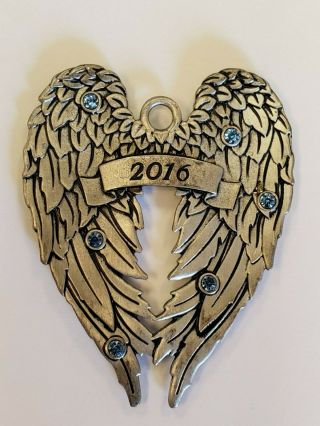 Avon Pewter Christmas Ornament 2016 Angel Wings Sparkly Blue Stones