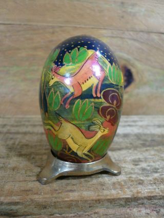 Vintage Russian Hand Painted Deer Wood Egg On Brass Stand