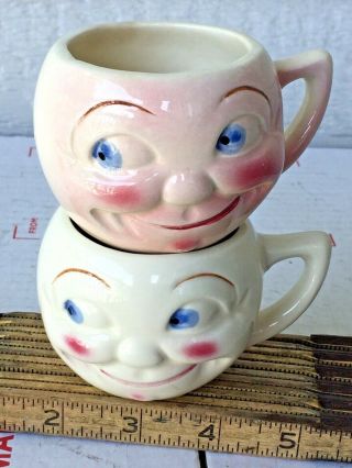 Set Of 2 Vintage 3d Embossed Smiling Smiley Face Coffee Mug His & Hers Tea Cups
