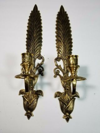 Vintage Brass Wall Sconces Candle Holders Ornate Fern Leaf Feather