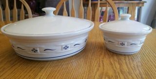 Longaberger Woven Traditions Pottery Casserole Dishes Ivory / Blue (set Of 2)