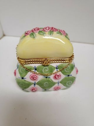 Yellow And Green With Roses Porcelain Purse Hinged Trinket Box (box)