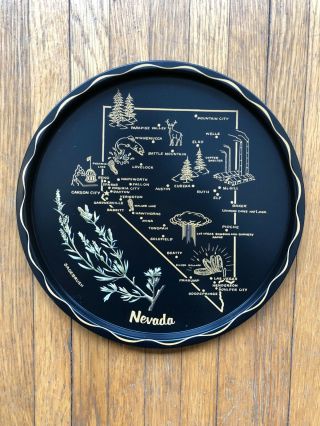 Vintage Nevada Us State Tin Souvenir Plate / Tray With Map,  Flowers,  Gold