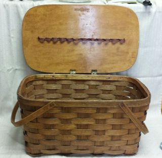 Vintage Shelton Sisters 1903 Stamped Woven Veneer Wood Picnic Basket 21 " ×12×10 "