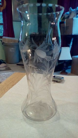 Vintage Glass Etched Vase 9 1/2 " Tall,  Thistles Flowers,  Very Elegant