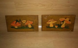 (2) Cunningham Art Products 1972 Vintage Wooden Mushroom Art Plaques Hand Paint