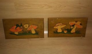 (2) Cunningham Art Products 1972 Vintage Wooden Mushroom Art Plaques Hand Paint 2