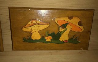 (2) Cunningham Art Products 1972 Vintage Wooden Mushroom Art Plaques Hand Paint 3