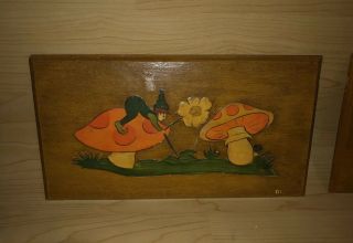 (2) Cunningham Art Products 1972 Vintage Wooden Mushroom Art Plaques Hand Paint 4