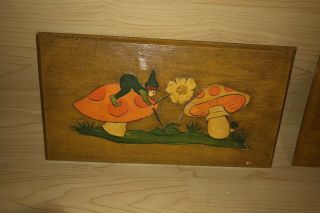 (2) Cunningham Art Products 1972 Vintage Wooden Mushroom Art Plaques Hand Paint 5